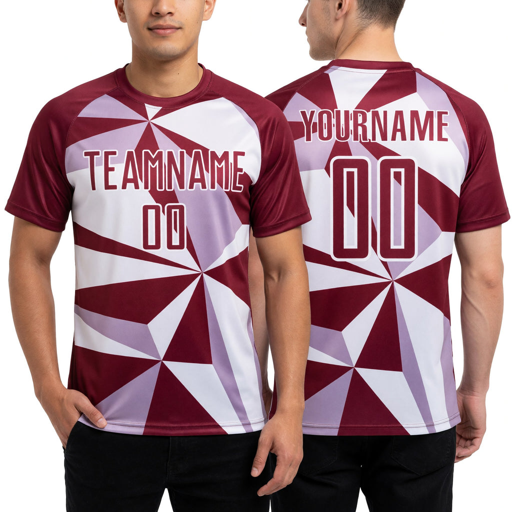 Custom Crimson White Geometric Pattern Sublimation Soccer Uniform Jersey worn front and back