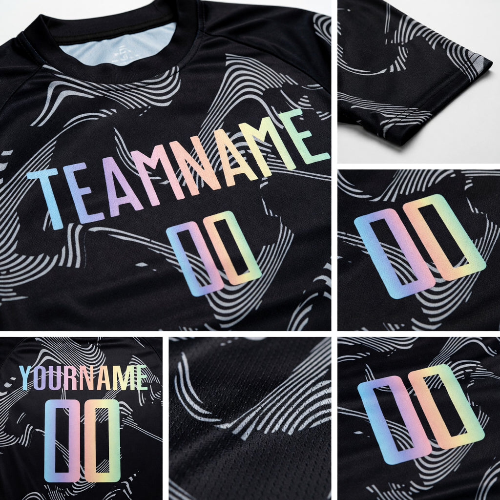 Custom Black Gradient-Gray Curve Lines Sublimation Soccer Uniform Jersey detail