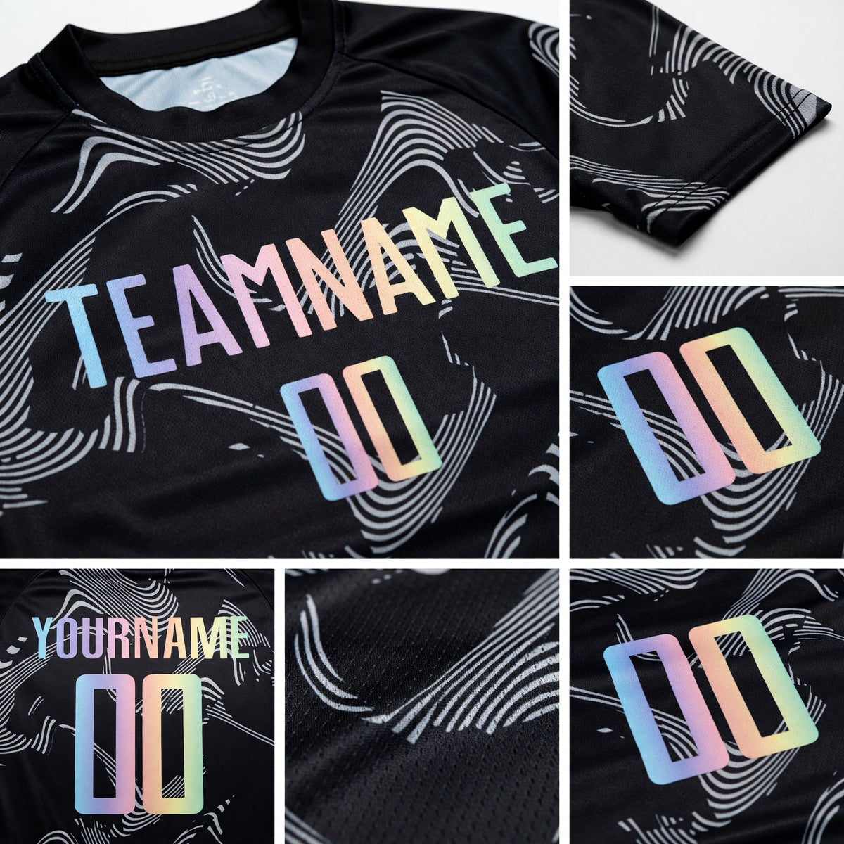 Custom Black Gradient-Gray Curve Lines Sublimation Soccer Uniform Jersey detail