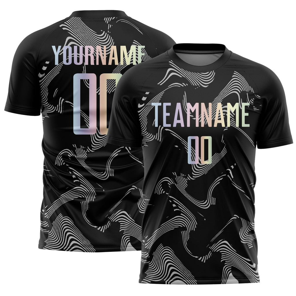Custom Black Gradient-Gray Curve Lines Sublimation Soccer Uniform Jersey photo 1