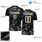 Custom Black Gradient Curve Lines Sublimated Soccer Jersey with Gray Lettering customization guide