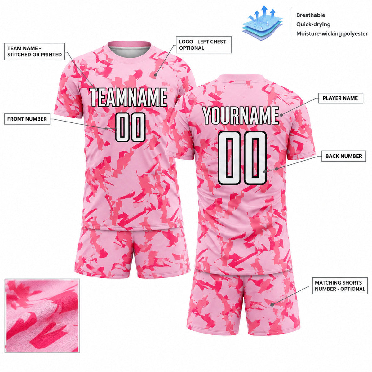 Custom Light Pink Abstract Geometric Sublimated Soccer Jersey with Black and Pink Lettering customization guide