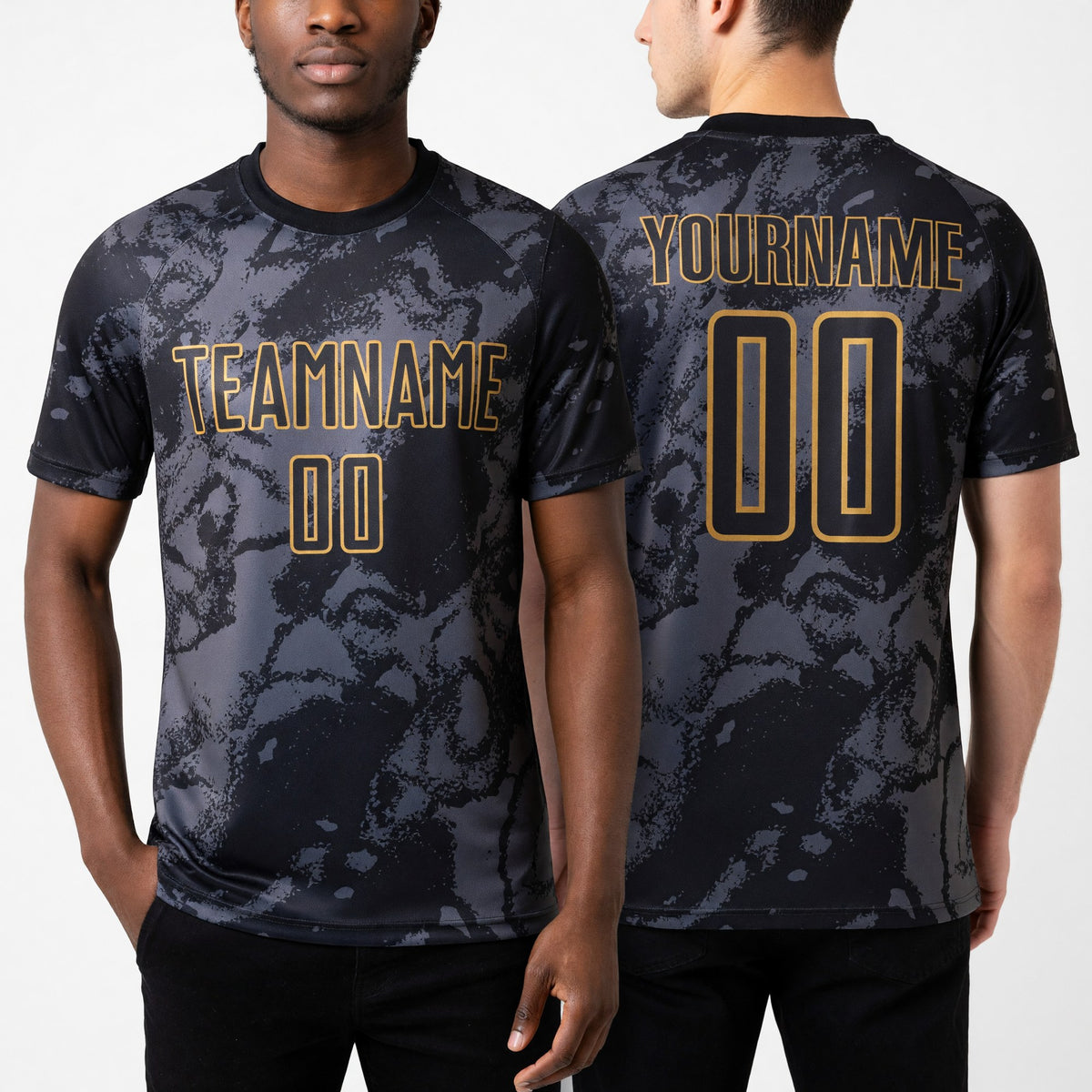 Custom Black Gray-Old Gold Abstract Grunge Art Sublimation Soccer Uniform Jersey worn front and back