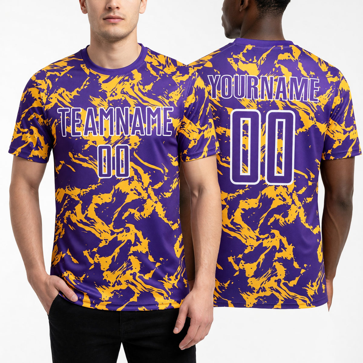 Custom Purple Gold-White Abstract Fluid Sublimation Soccer Uniform Jersey worn front and back