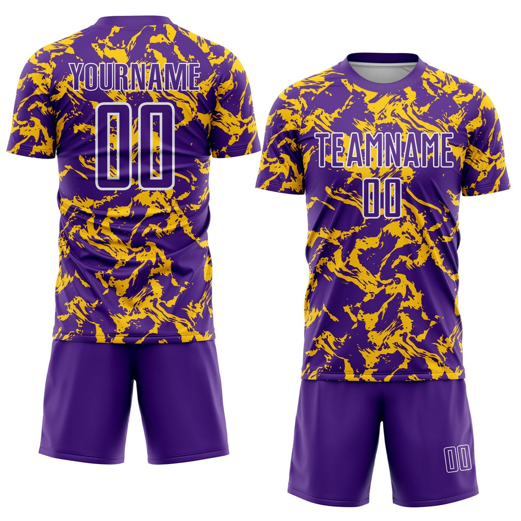 Custom Purple Gold-White Abstract Fluid Sublimation Soccer Uniform Jersey photo 2