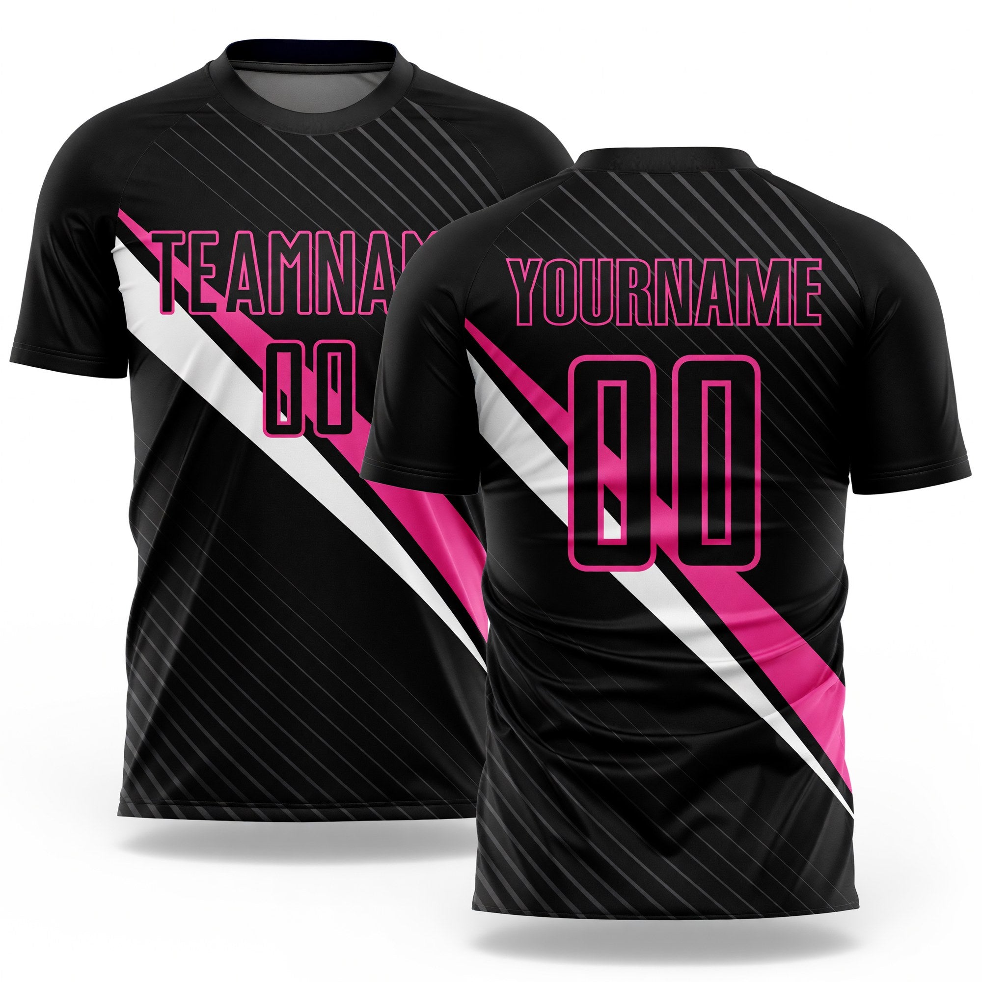 Custom Black Pink-White Diagonal Lines Sublimation Soccer Uniform Jersey