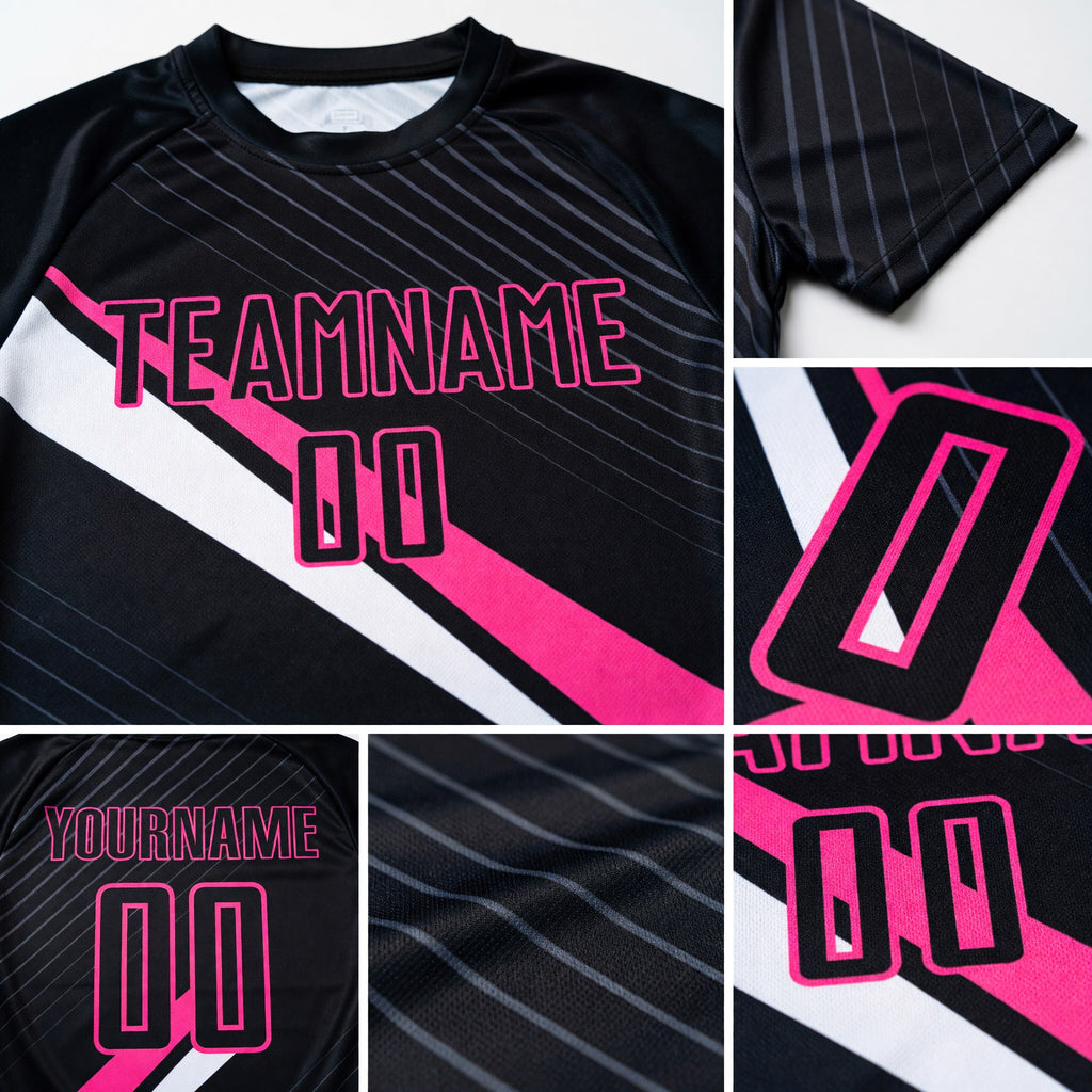 Custom Black Pink-White Diagonal Lines Sublimation Soccer Uniform Jersey detail