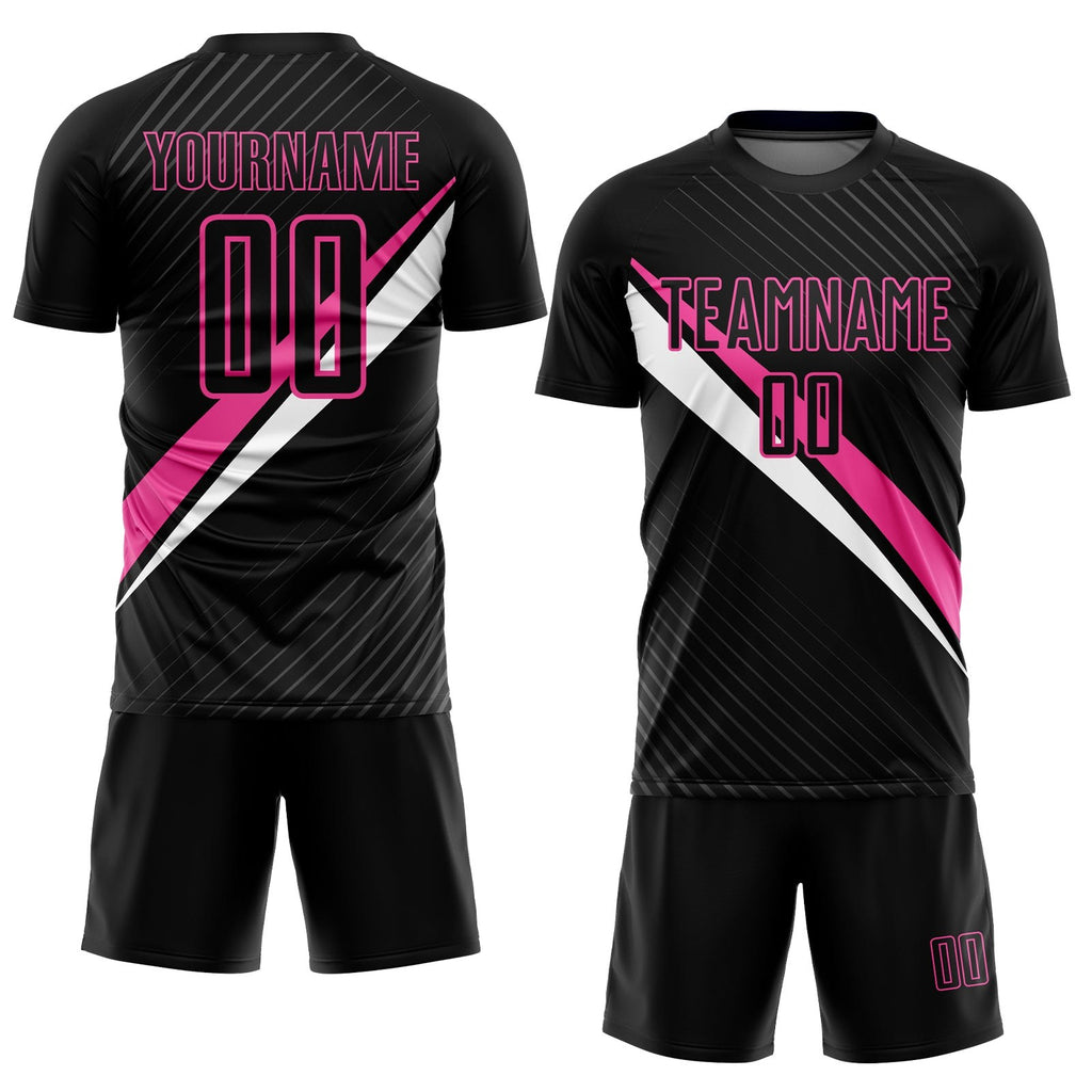 Custom Black Pink-White Diagonal Lines Sublimation Soccer Uniform Jersey photo 2