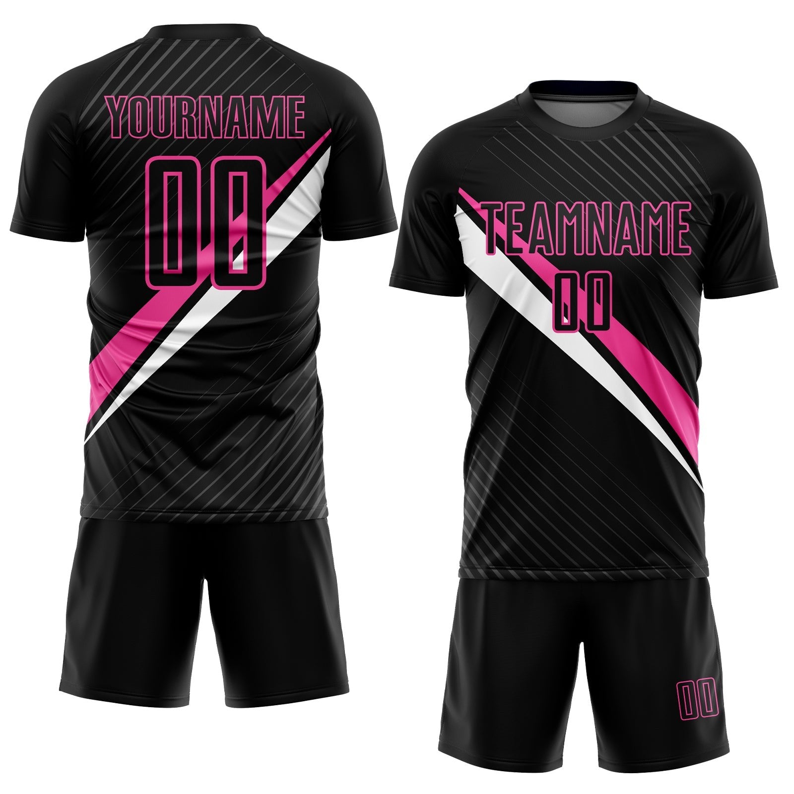 Custom Black Pink-White Diagonal Lines Sublimation Soccer Uniform Jersey photo 2