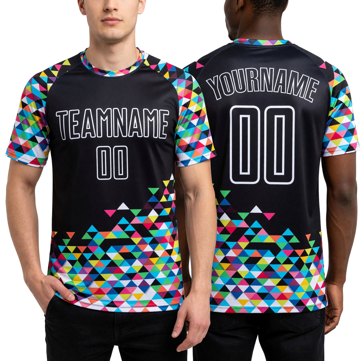 Custom Black White Colorful Geometric Triangle Sublimation Soccer Uniform Jersey worn front and back