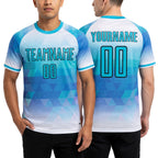 Custom Teal White Geometric Triangle Sublimation Soccer Uniform Jersey worn front and back