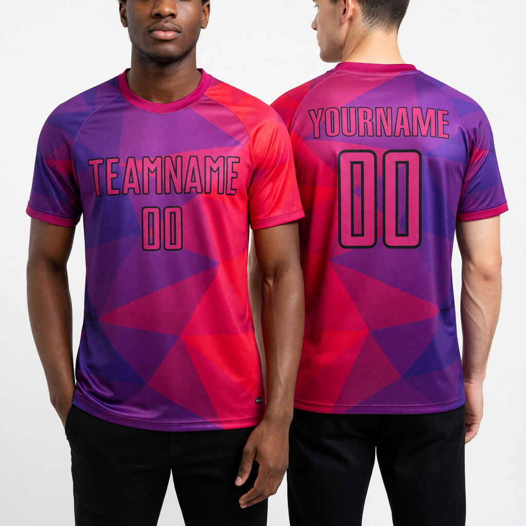 Custom Purple Red-Black Geometric Shapes Sublimation Soccer Uniform Jersey worn front and back