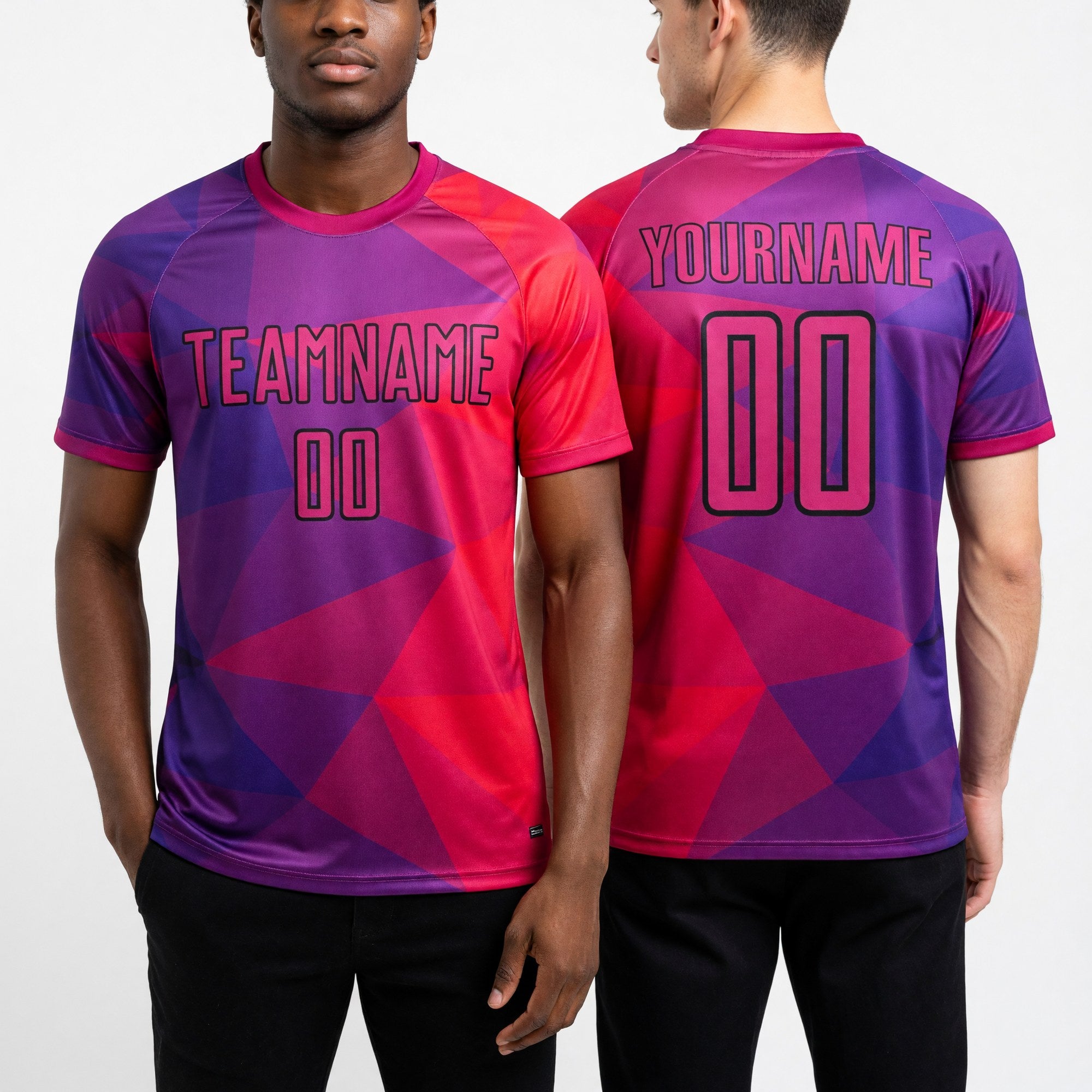 Custom Purple Red-Black Geometric Shapes Sublimation Soccer Uniform Jersey worn front and back