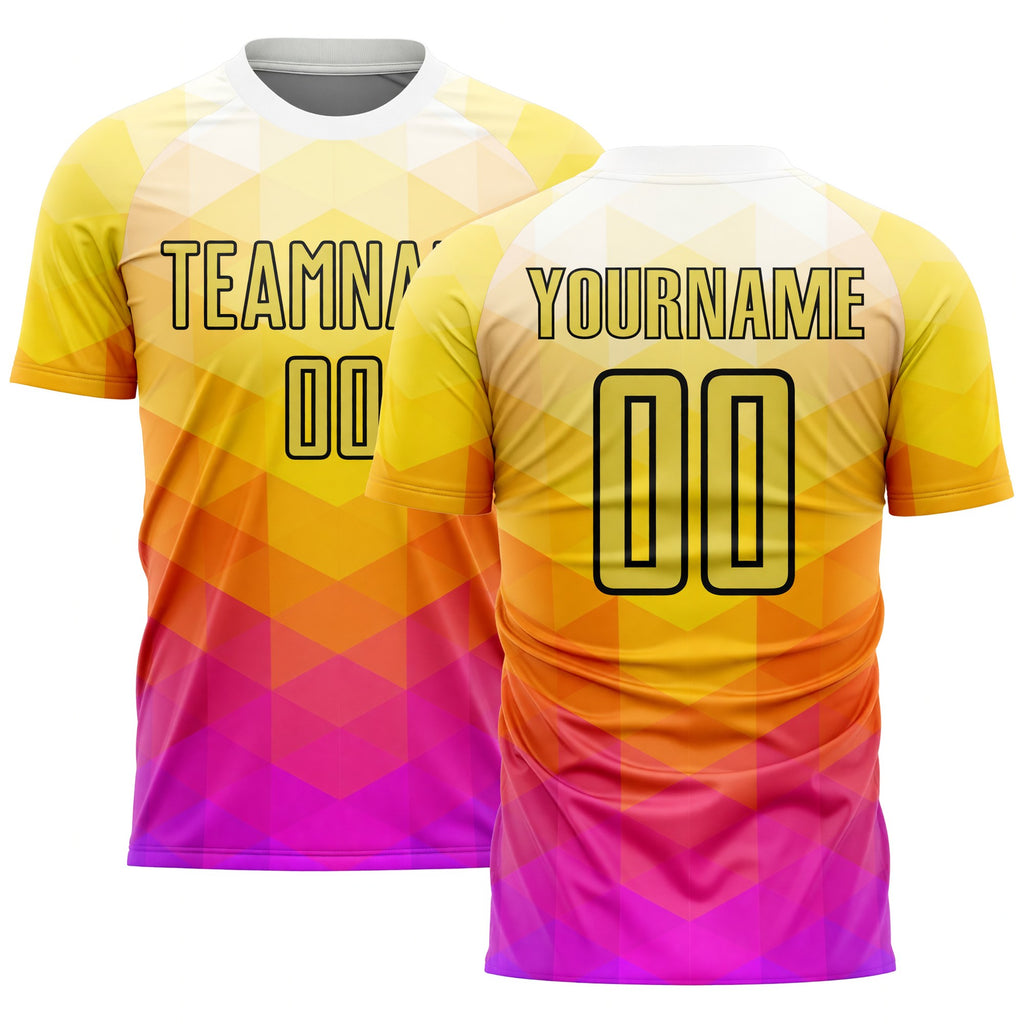Custom Yellow Hot Pink-Black Geometric Shapes Sublimation Soccer Uniform Jersey