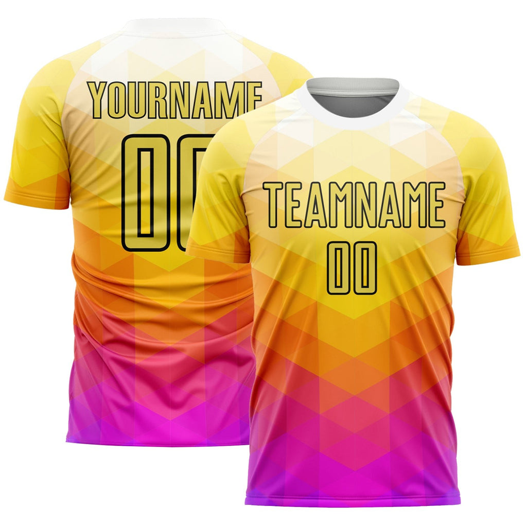 Custom Yellow Hot Pink-Black Geometric Shapes Sublimation Soccer Uniform Jersey photo 1