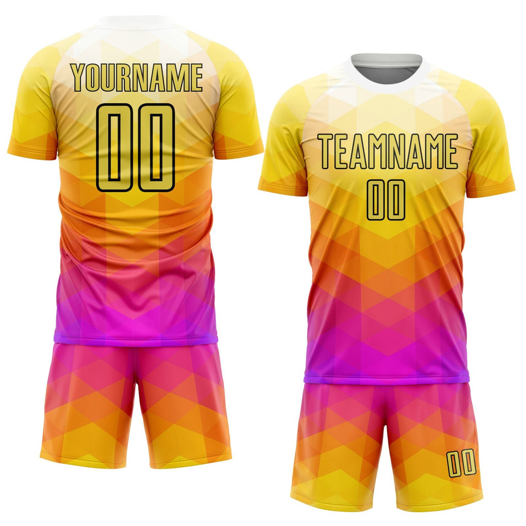 Custom Yellow Hot Pink-Black Geometric Shapes Sublimation Soccer Uniform Jersey photo 2