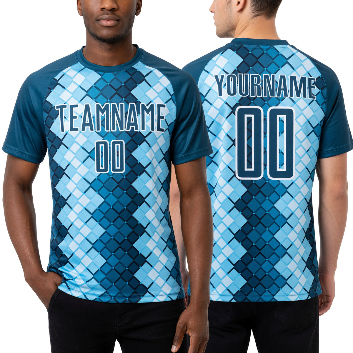 Custom US Navy Blue White Geometric Shapes Sublimation Soccer Uniform Jersey worn front and back