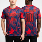 Custom Fire Red Black Geometric Shapes Sublimation Soccer Uniform Jersey worn front and back