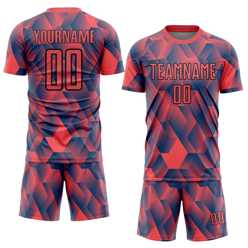 Custom Fire Red Black Geometric Shapes Sublimation Soccer Uniform Jersey photo 2
