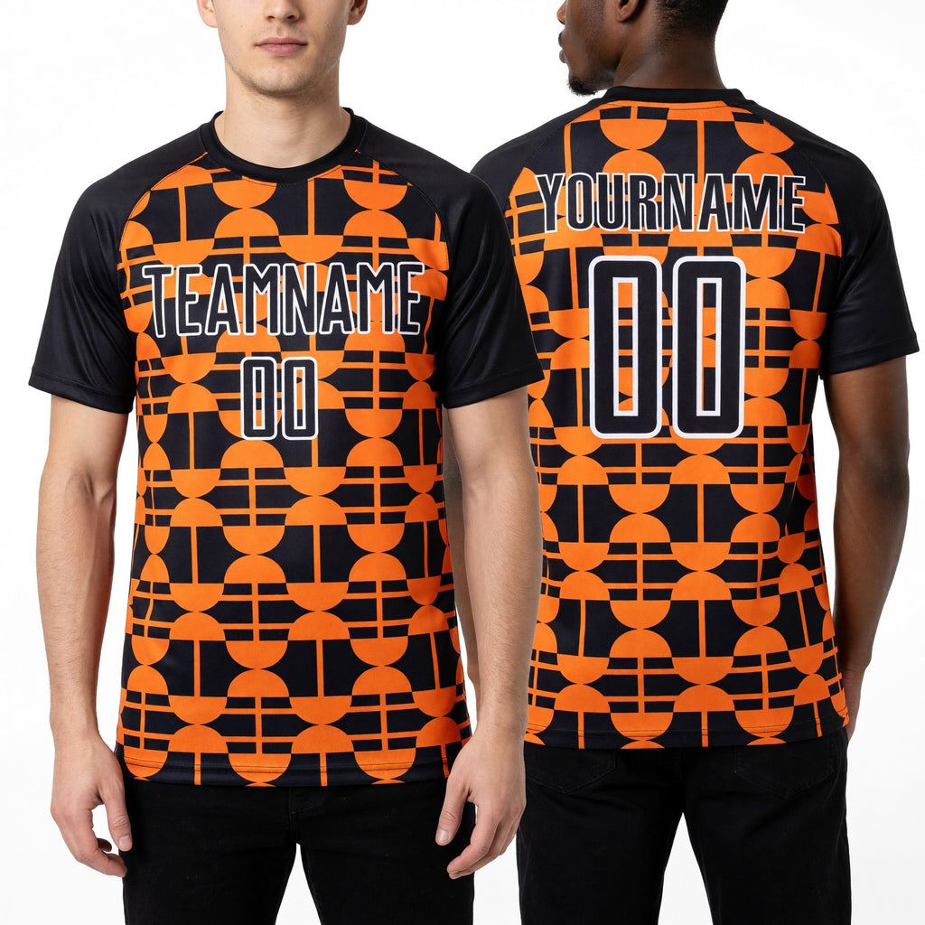 Custom Black Bay Orange-White Geometric Shapes Sublimation Soccer Uniform Jersey worn front and back