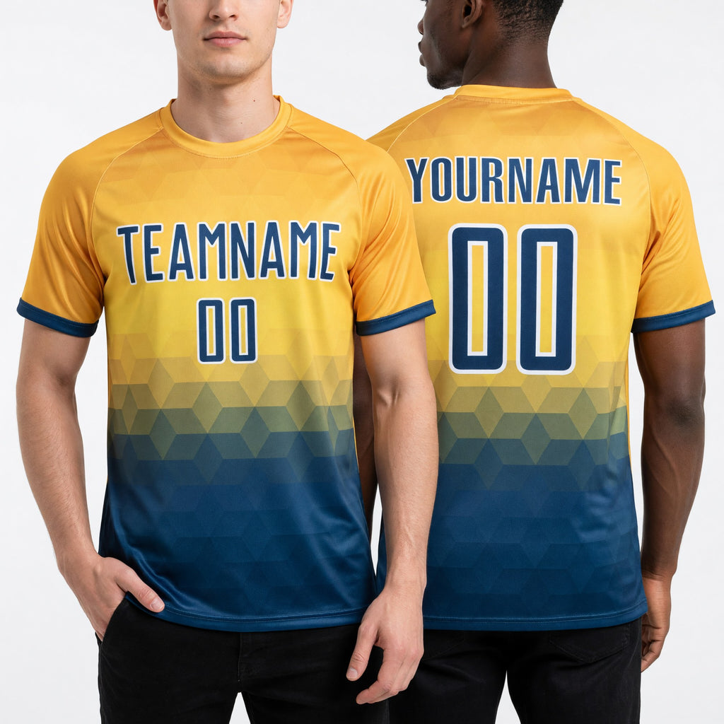 Custom Yellow US Navy Blue-White Geometric Triangle Sublimation Soccer Uniform Jersey worn front and back