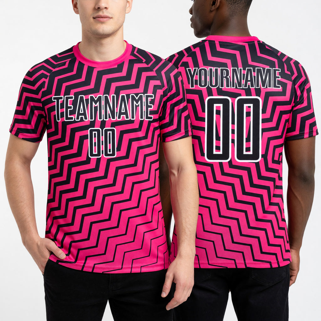 Custom Pink Black-White Geometric Lines Sublimation Soccer Uniform Jersey worn front and back