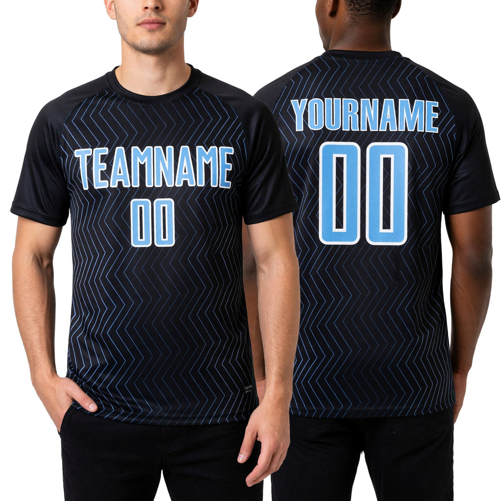 Custom Black Light Blue-White Geometric Lines Sublimation Soccer Uniform Jersey worn front and back