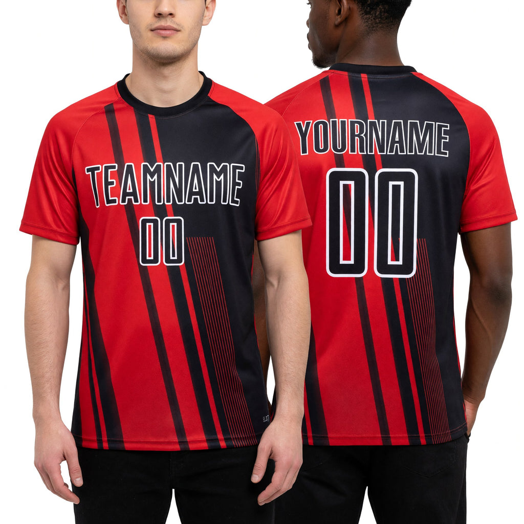 Custom Red Black-White Lines Sublimation Soccer Uniform Jersey worn front and back