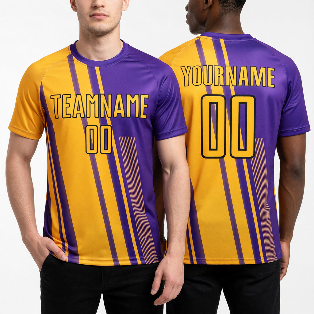 Custom Gold Purple-White Lines Sublimation Soccer Uniform Jersey worn front and back