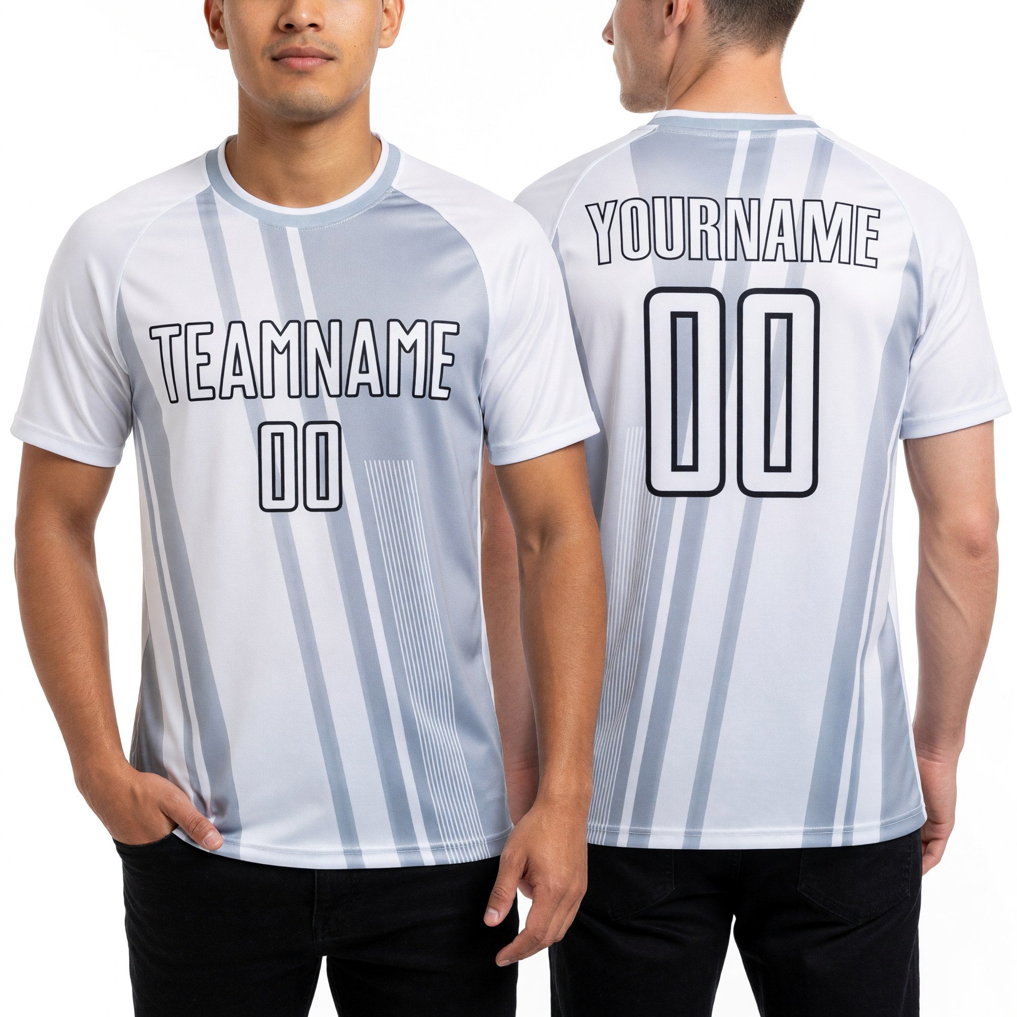 Custom Gray White-Black Lines Sublimation Soccer Uniform Jersey worn front and back