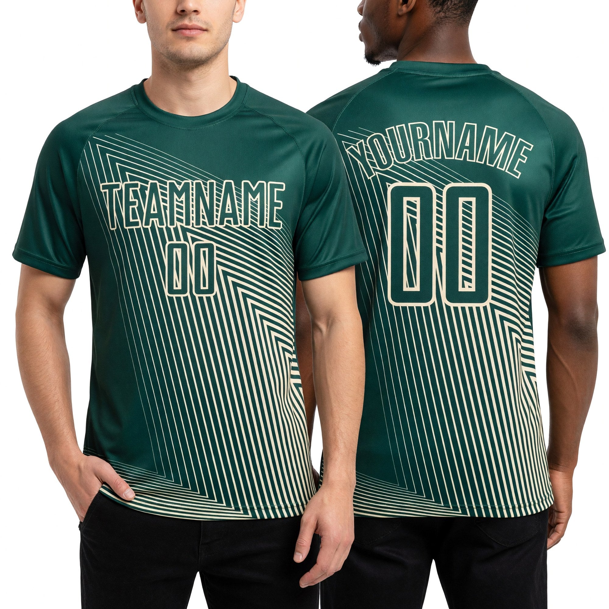 Custom Green Cream Lines Sublimation Soccer Uniform Jersey worn front and back