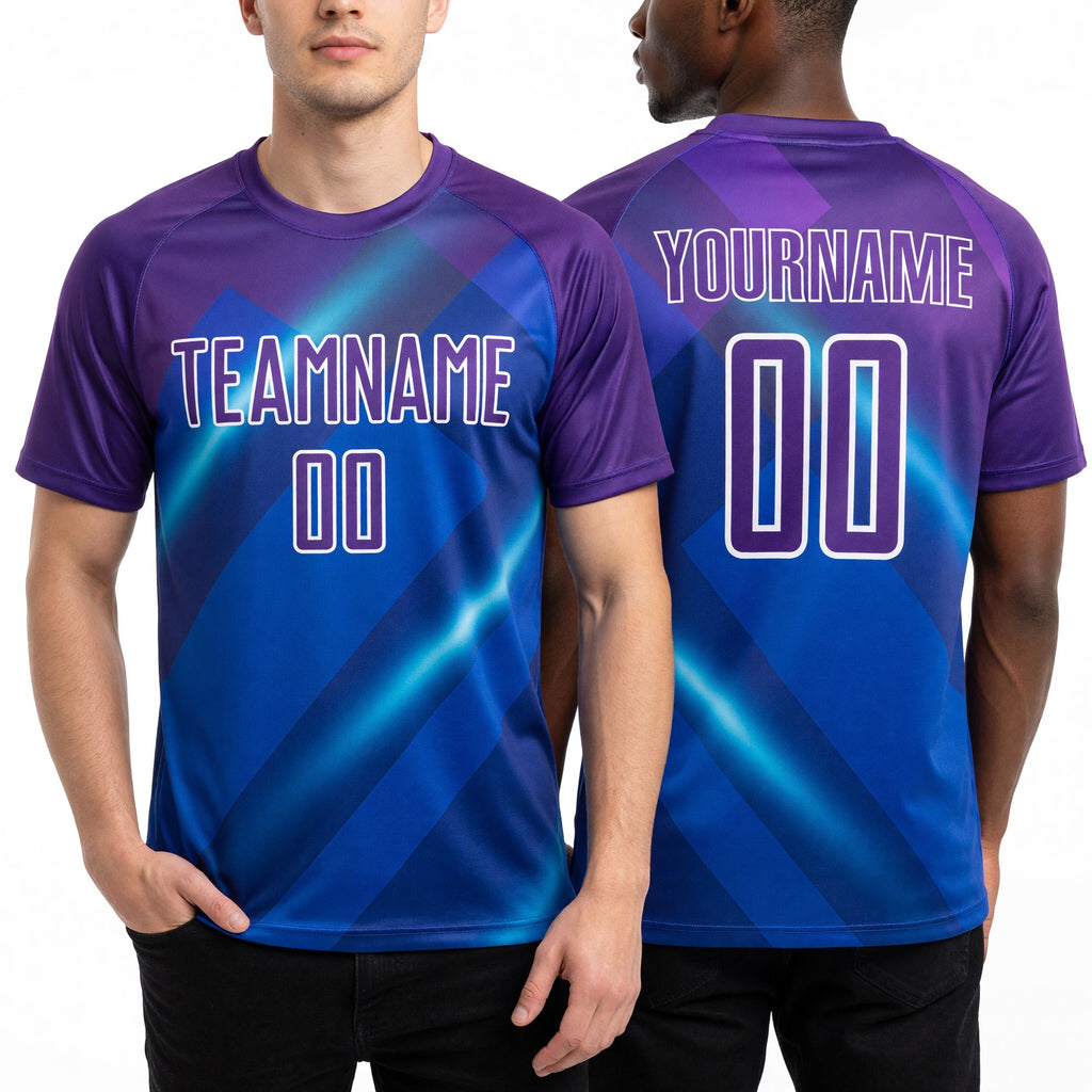 Custom Royal Purple-White Lines Sublimation Soccer Uniform Jersey worn front and back