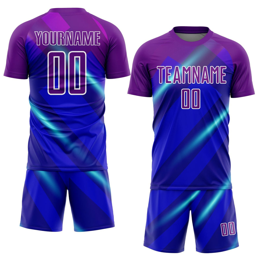 Custom Royal Purple-White Lines Sublimation Soccer Uniform Jersey photo 2