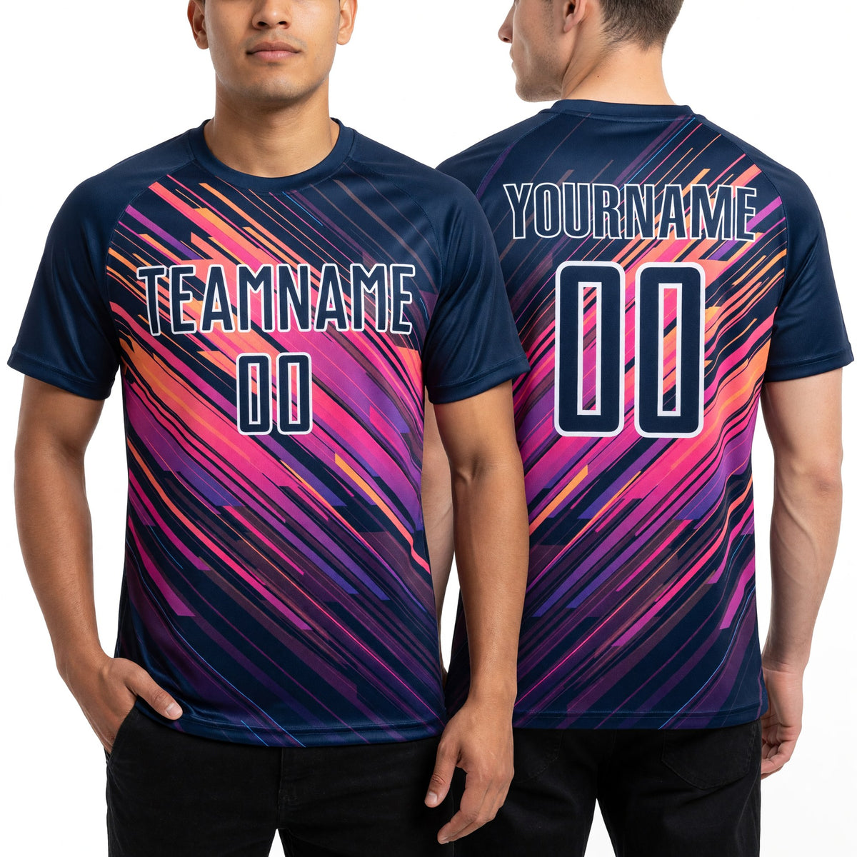 Custom Navy White Lines Sublimation Soccer Uniform Jersey worn front and back