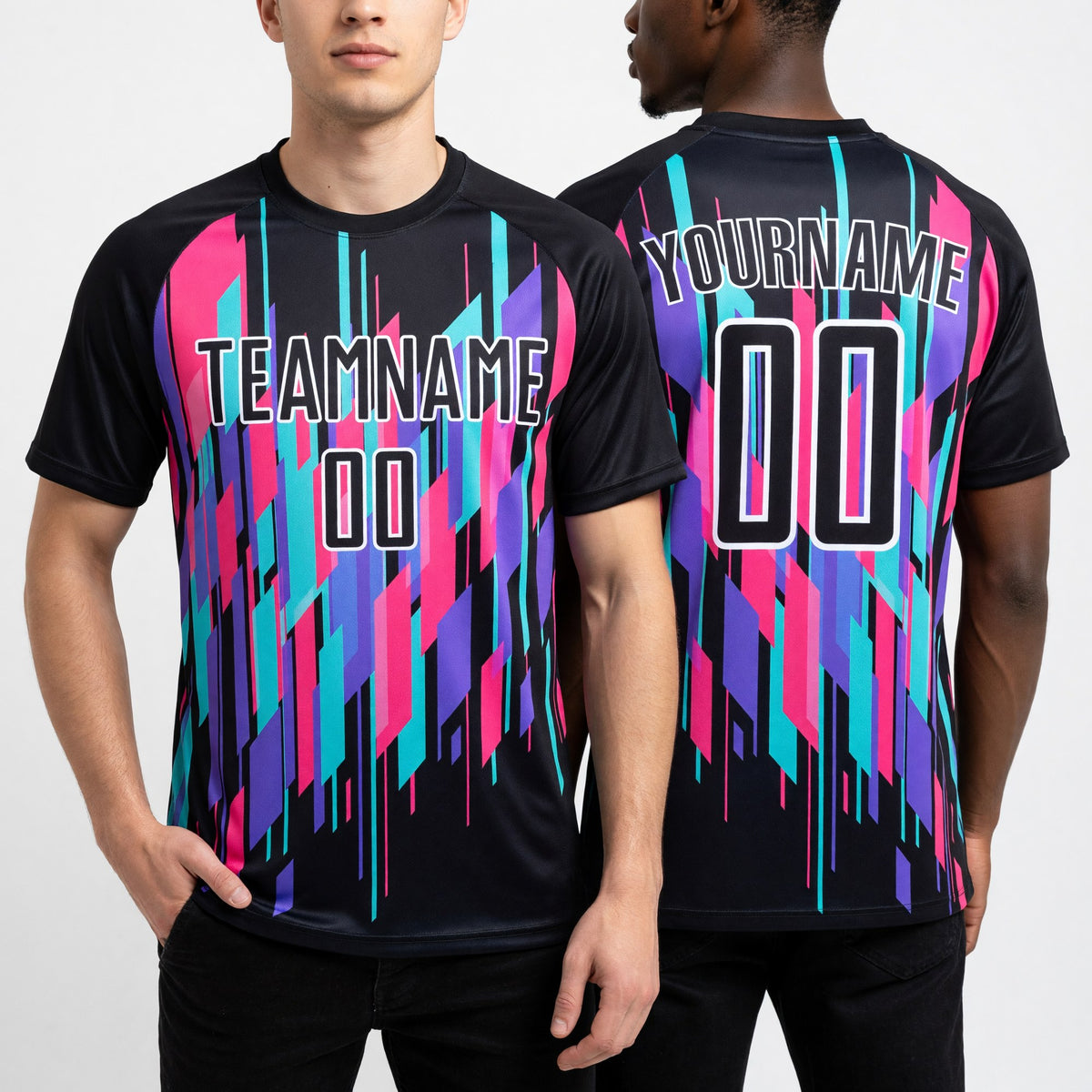 Custom Black White Geometric Shapes Sublimation Soccer Uniform Jersey worn front and back