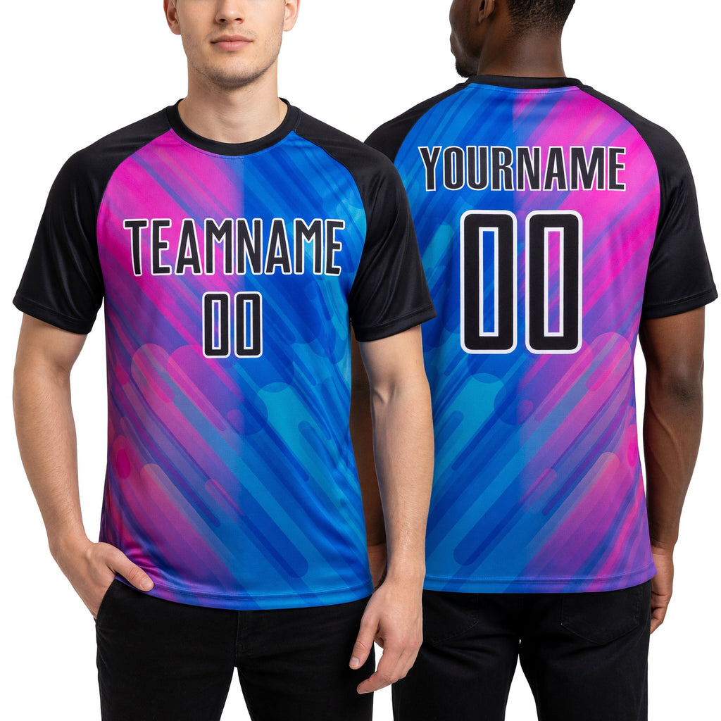 Custom Royal Black-Pink Lines Sublimation Soccer Uniform Jersey worn front and back