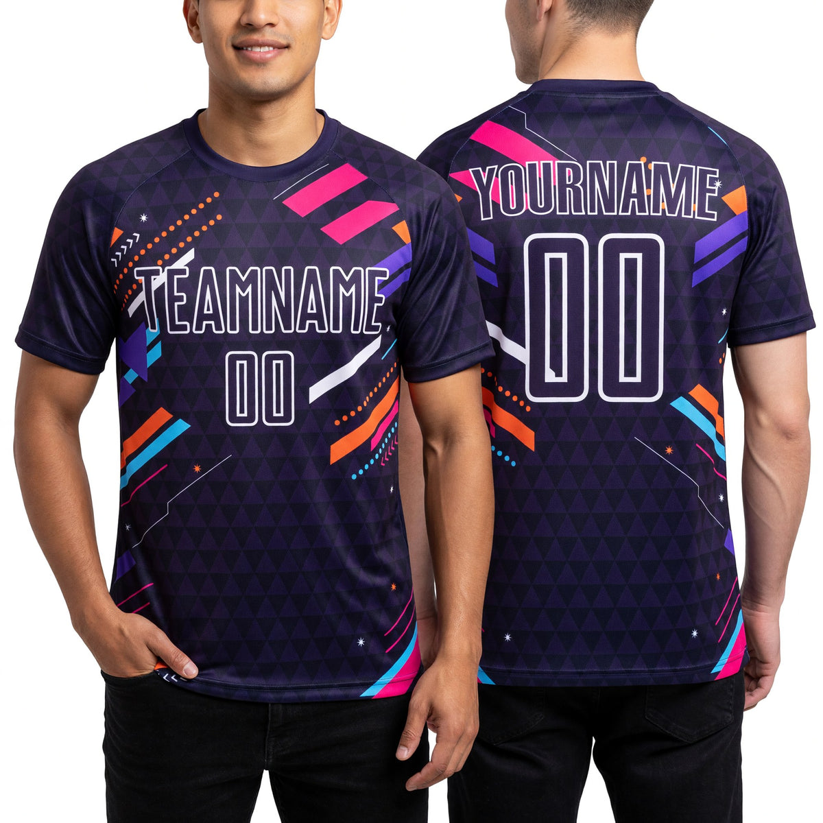 Custom Purple White Lines Sublimation Soccer Uniform Jersey worn front and back