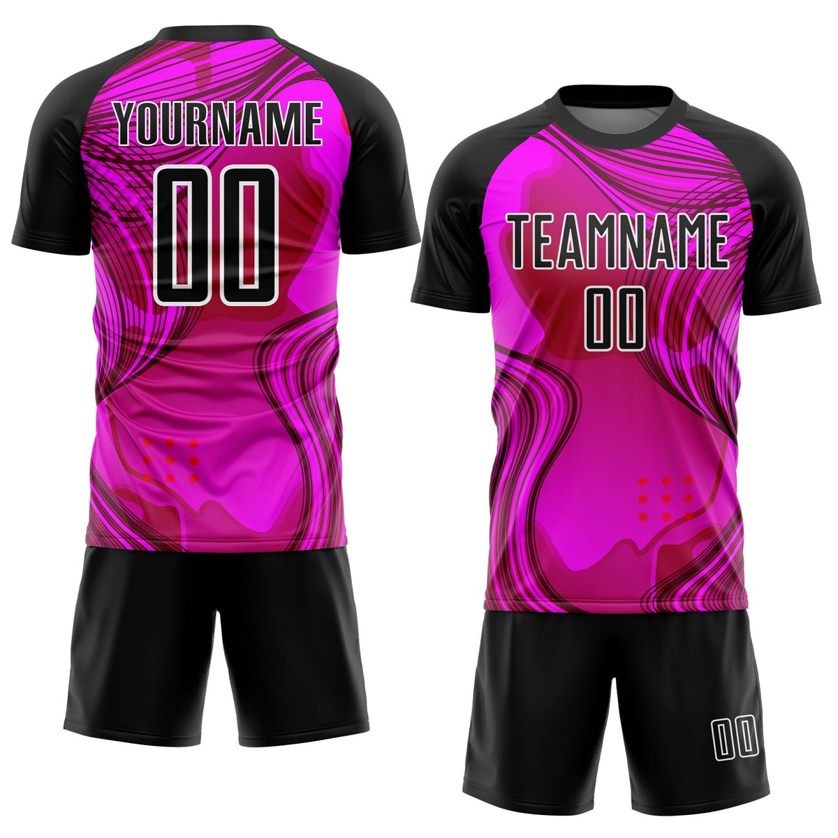 Custom Hot Pink Black-White Waves Sublimation Soccer Uniform Jersey photo 2