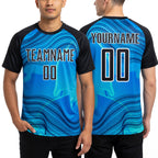 Custom Sky Blue Black-White Waves Sublimation Soccer Uniform Jersey worn front and back