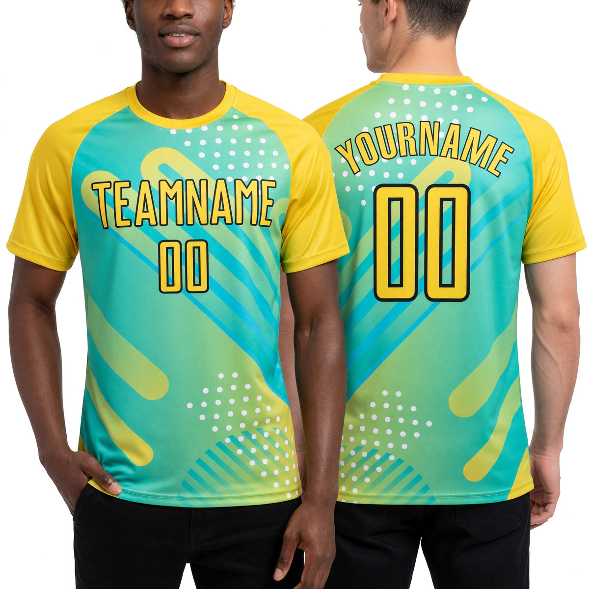Custom Pea Green Yellow-Black Abstract Shapes Sublimation Soccer Uniform Jersey worn front and back