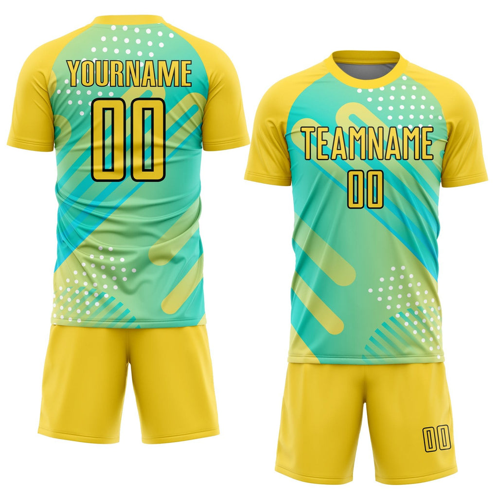 Custom Pea Green Yellow-Black Abstract Shapes Sublimation Soccer Uniform Jersey photo 2