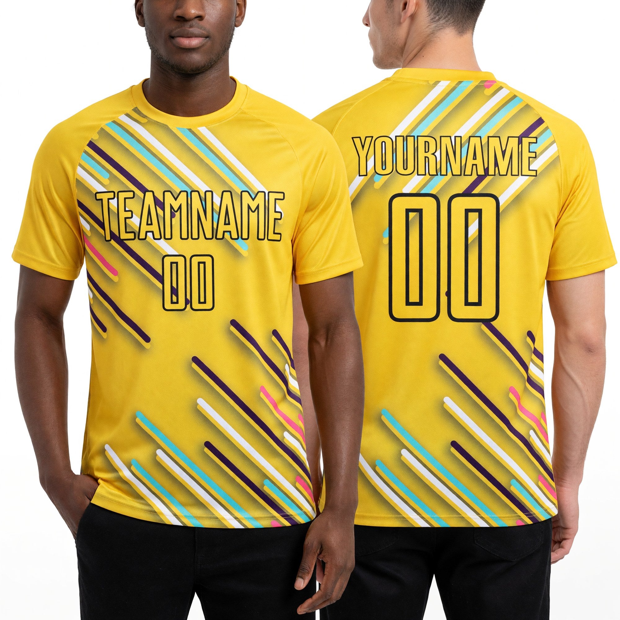 Custom Yellow Black Lines Sublimation Soccer Uniform Jersey worn front and back