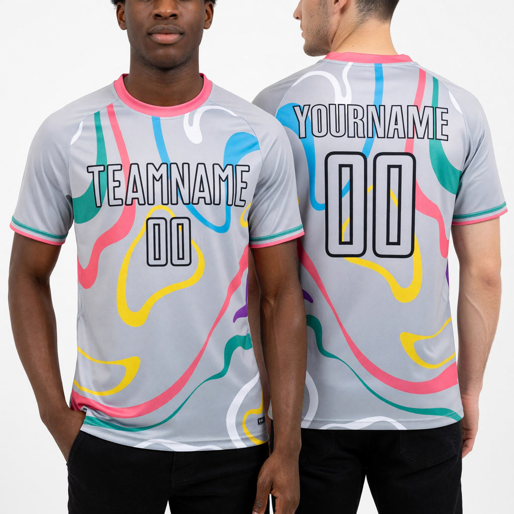 Custom Gray Black Fluid Shapes Sublimation Soccer Uniform Jersey worn front and back