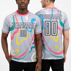 Custom Gray Black Fluid Shapes Sublimation Soccer Uniform Jersey worn front and back