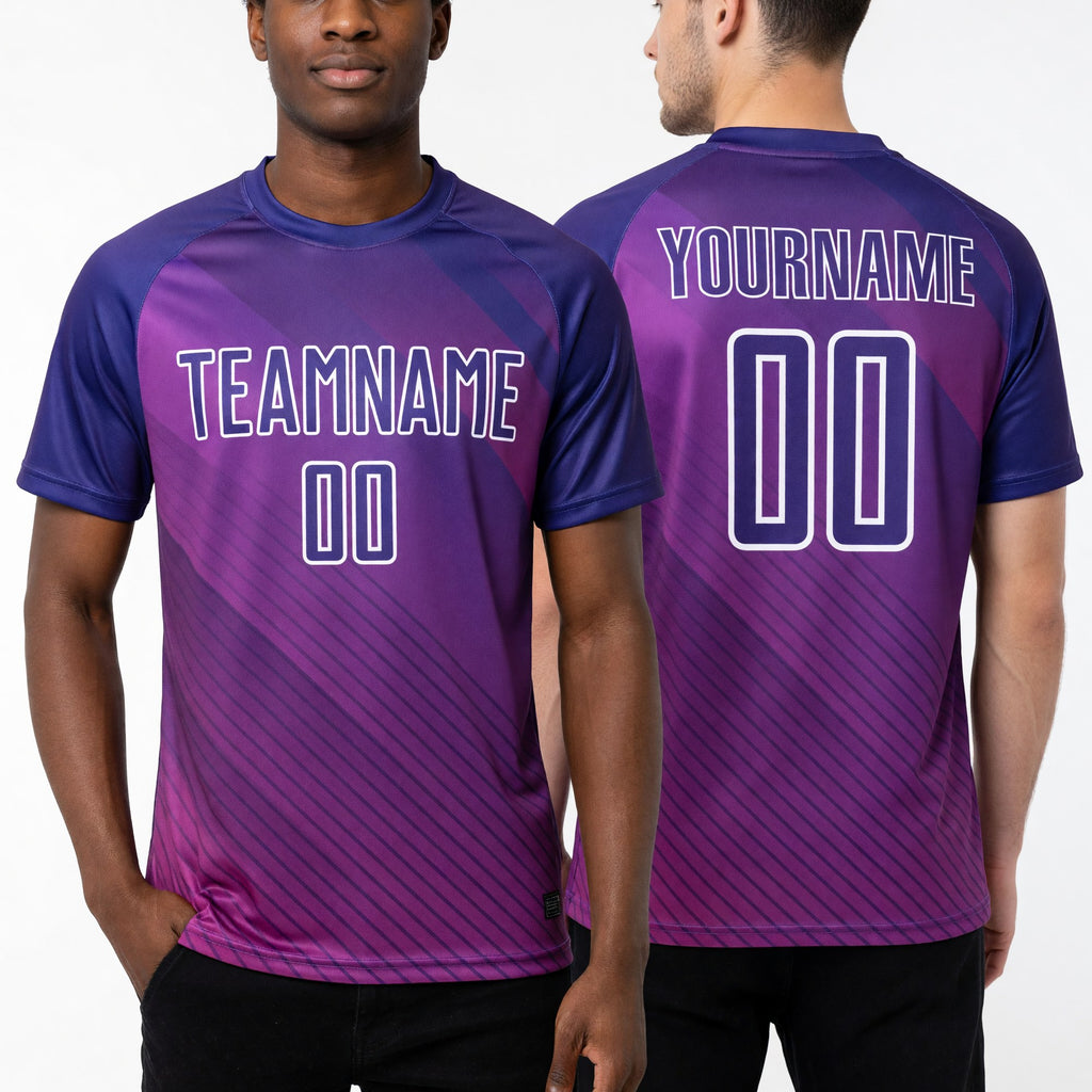 Custom Purple White Lines Sublimation Soccer Uniform Jersey worn front and back