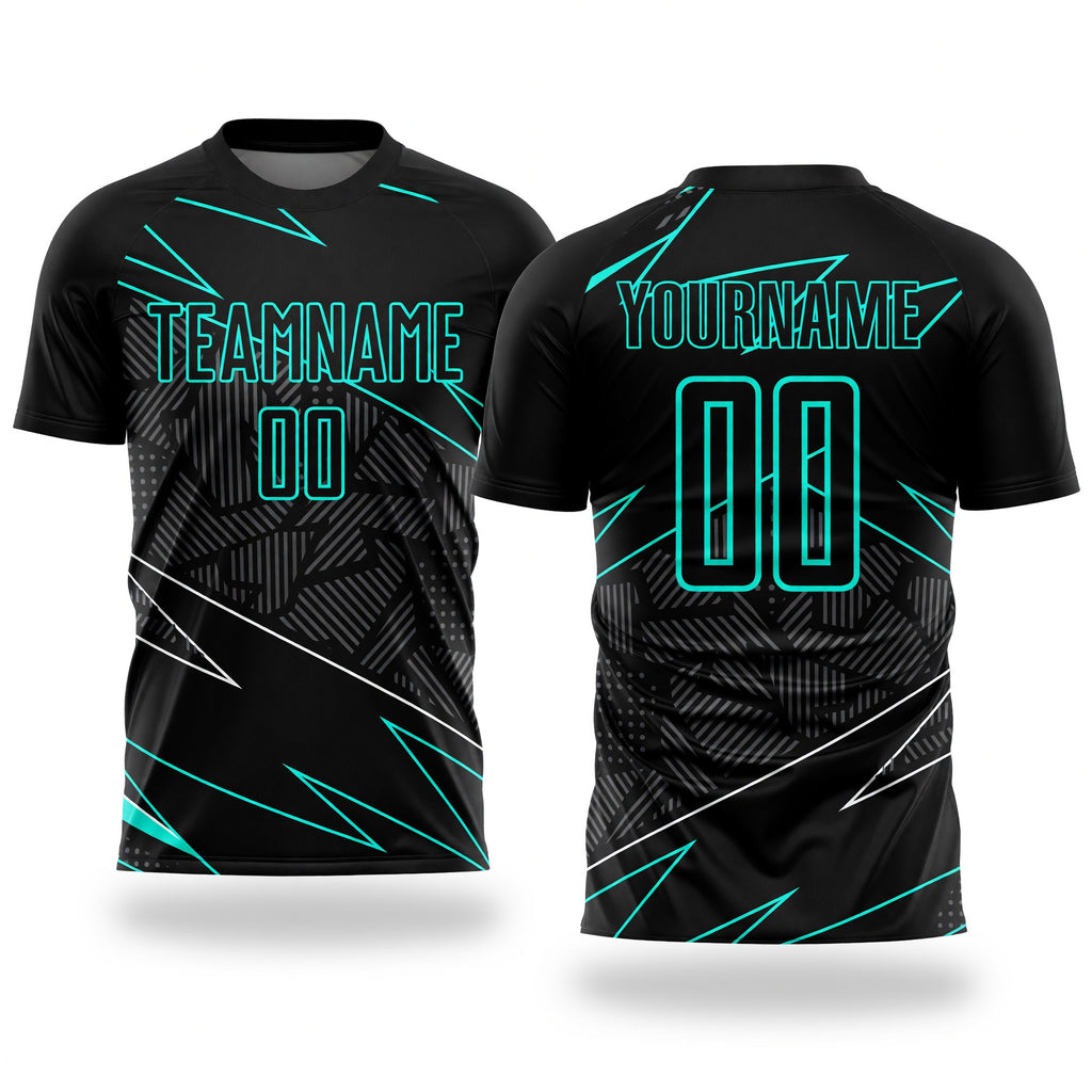 Custom Black Aqua Lines Sublimation Soccer Uniform Jersey