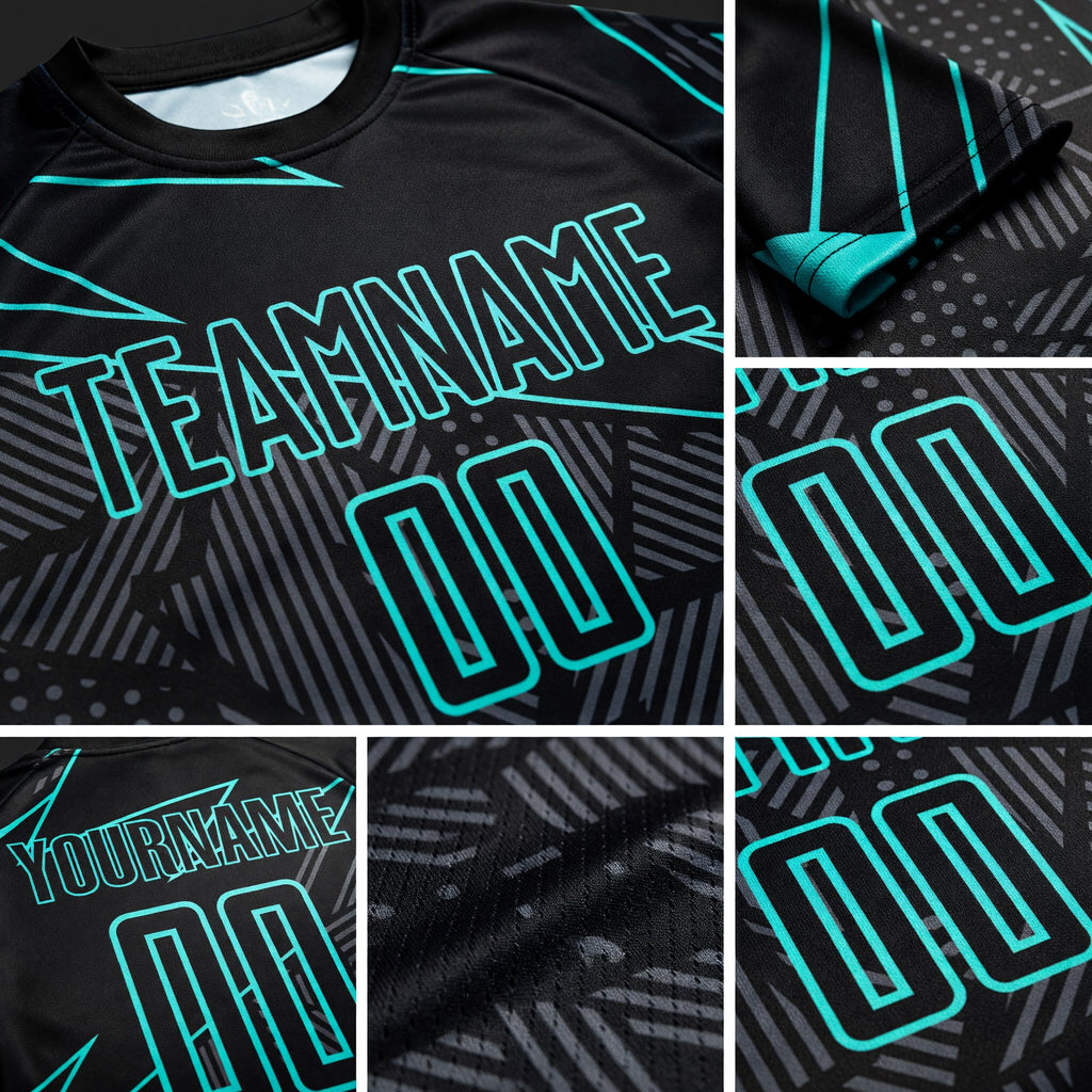 Custom Black Aqua Lines Sublimation Soccer Uniform Jersey detail