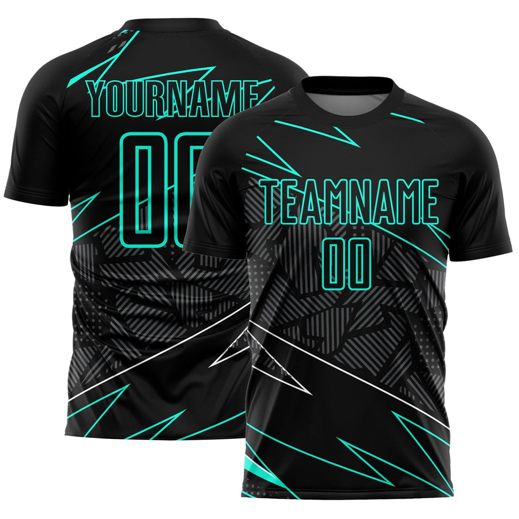 Custom Black Aqua Lines Sublimation Soccer Uniform Jersey photo 1