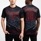 Custom Black Red Lines Sublimation Soccer Uniform Jersey worn front and back