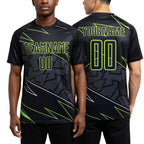 Custom Black Neon Green Lines Sublimation Soccer Uniform Jersey worn front and back